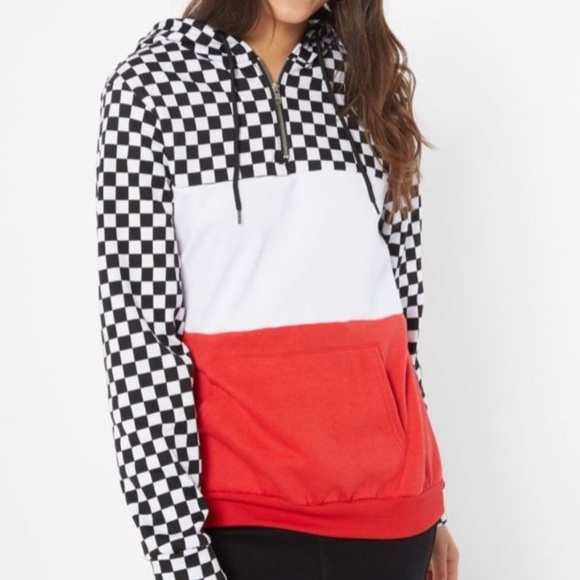 Rue21 Tops - Top hoodie Sweat Shirt checkered black white NEW